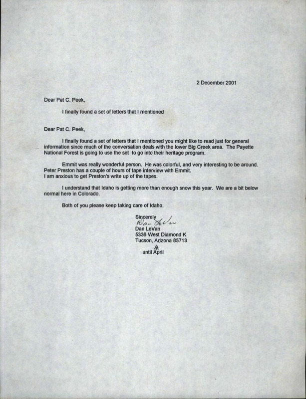 Letter from Dan LeVan to Pat Cary Peek about taped interviews and a set of letter with conversations on the lower Big Creek area.