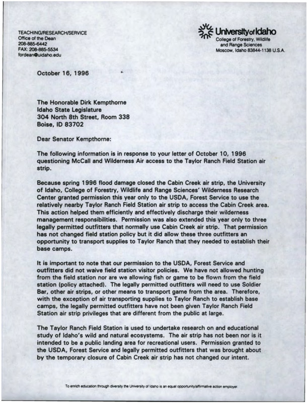 Letter from Dean Charles R. Hatch to Senator Dirk Kempthorne on the use of the Taylor Ranch Airstrip.