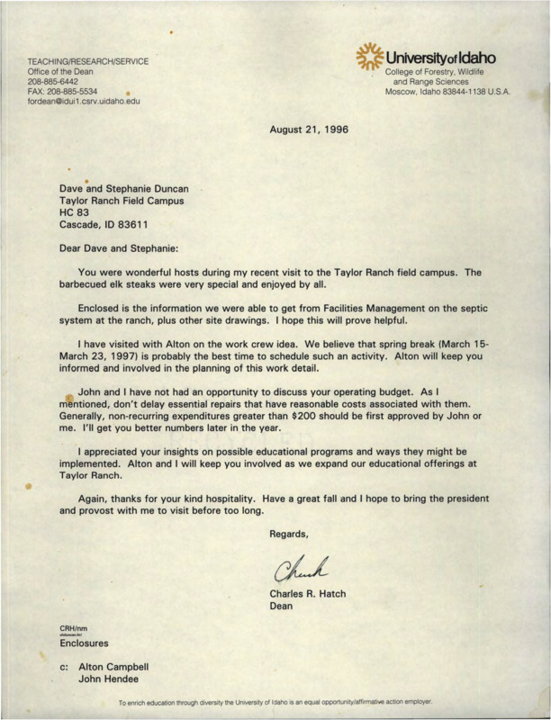 Letter from Dean Charles R. Hatch to Dave and Stephanie Duncan on their hospitality during a visit to Taylor Ranch.