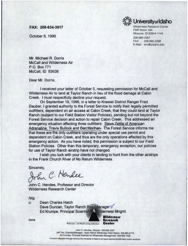 Letter from John C. Hendee to Mike Dorris on the use of the Taylor Ranch Airstrip