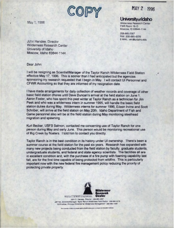 Letter from Jeff Yeo to John C. Hendee on resignation as Scientist/Manager of the Taylor Ranch Wilderness Field Station