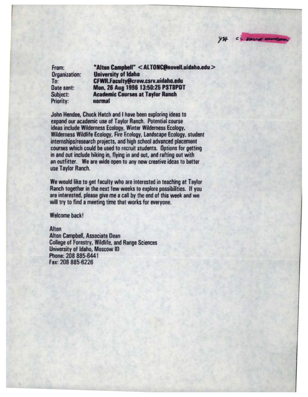 Letter from Alton Campbell to the faculty of the College of Forestry, Wildlife, and Range Sciences on potential courses to be taught at Taylor Ranch.