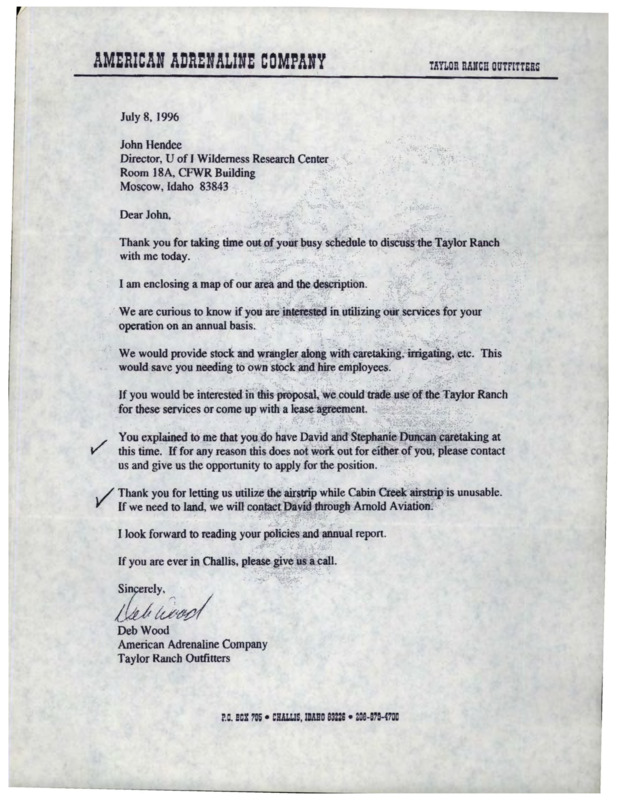 Letter from Deb Wood to John C. Hendee proposing that the American Adrenaline Company - Taylor Ranch Outfitters provide stock, wrangling, caretaking, and irrigating of Taylor Ranch instead of hiring caretakers.