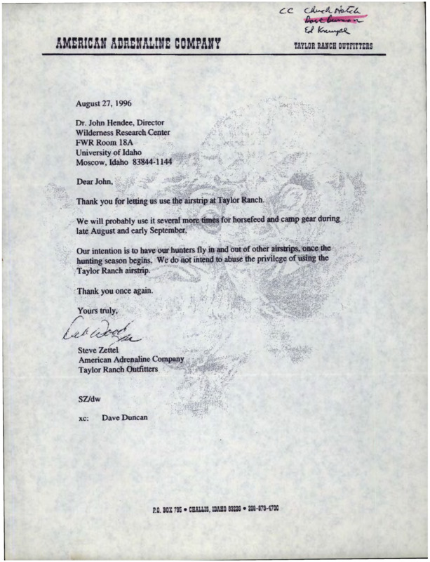 Letter from Deb Wood to John C. Hendee thanking him for the use of the Taylor Ranch Airstrip