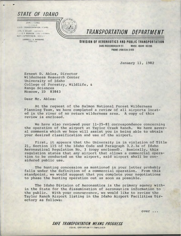 Letter from Larry A. Hippler, airport development, to Ernest D. Ables, Director Wilderness Research Center University of Idaho, about the University being in violation of Idaho Aeronautical Regulation No. 3.