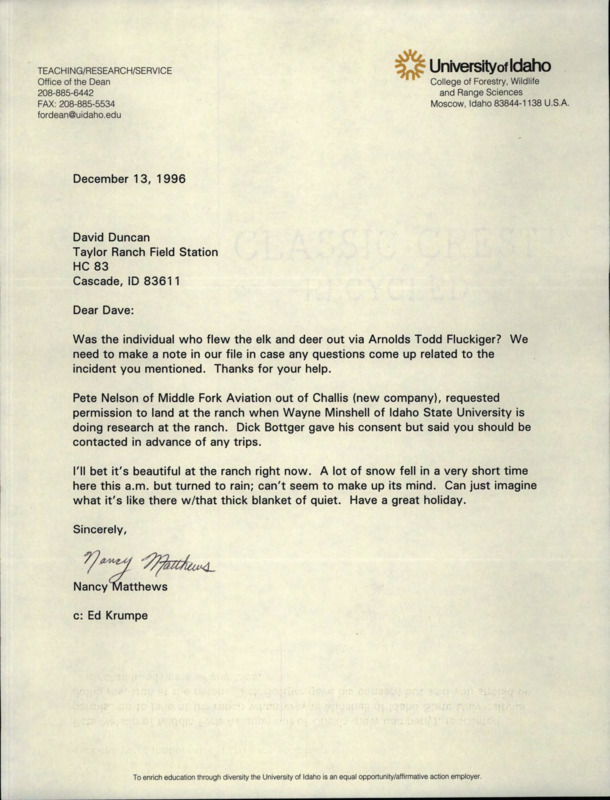 Letter from Nancy Matthews requesting information from David Duncan on the hunter who flew an elk and deer out of the Taylor Ranch airstrip.