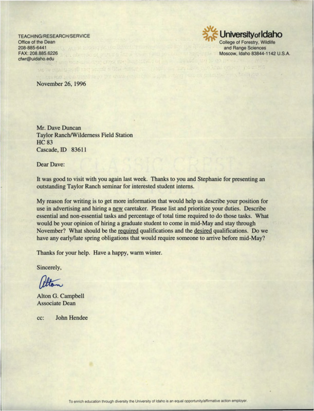 Letter from Alton G. Campbell to David Duncan requesting a description of the Taylor Ranch caretaker position to use in advertising and hiring a new caretaker.