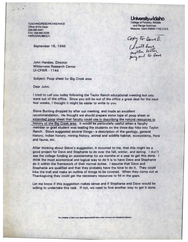 Letter from Alton G. Campbell to John C. Hendee on creating a sheet faculty could use in describing the natural resources or history of the Big Creek area.