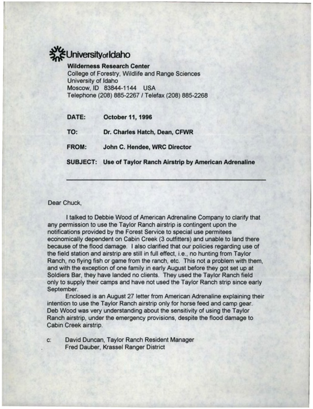 Letter from John C. Hendee to Charles Hatch about talking to the American Adrenaline Company about permission to use the Taylor Ranch airstrip.