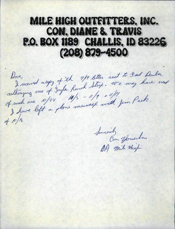 Letter from Con Hourihan of Mile High Outfitters to David Duncan about the use of the Taylor Ranch airstrip.