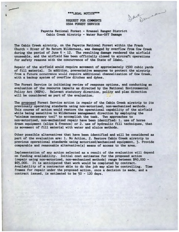 Legal Notice and for a request for comments from the USDA Forest Service on the Water Run-Off Damage on the Cabin Creek Airstrip. Status Report of the Cabin Creek Airstrip.