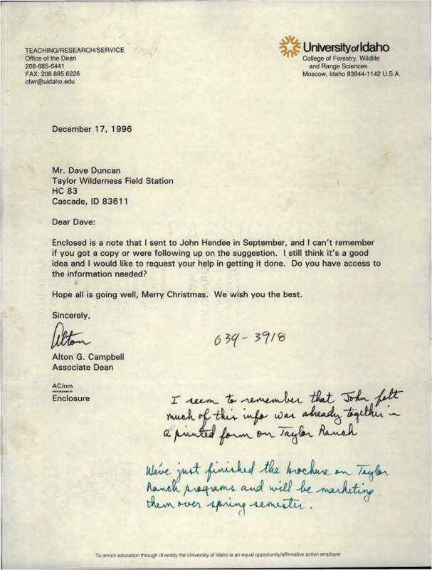 Letter from Alton G. Campbell to David Duncan about a note sent to John C. Hendee.