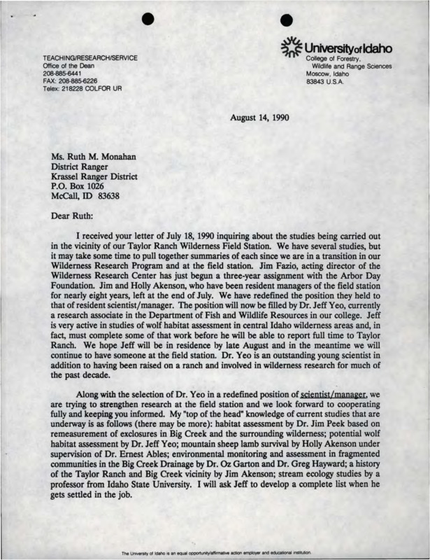 Letter from John C. Hendee to Ruth M. Monahan about the studies being carried out in the vicinity of the Taylor Ranch Wilderness Field Station