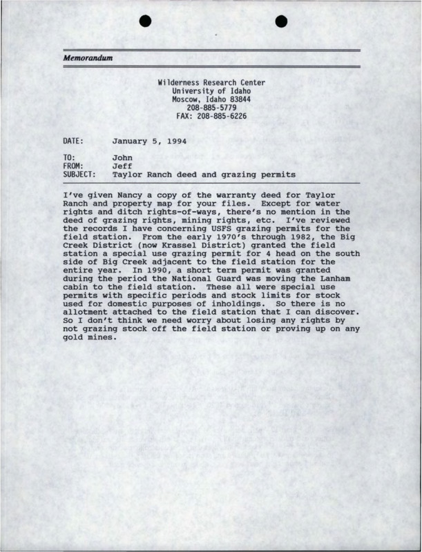 Memorandum from Jeff Yeo to John C. Hendee on Taylor Ranch deed and grazing permits.