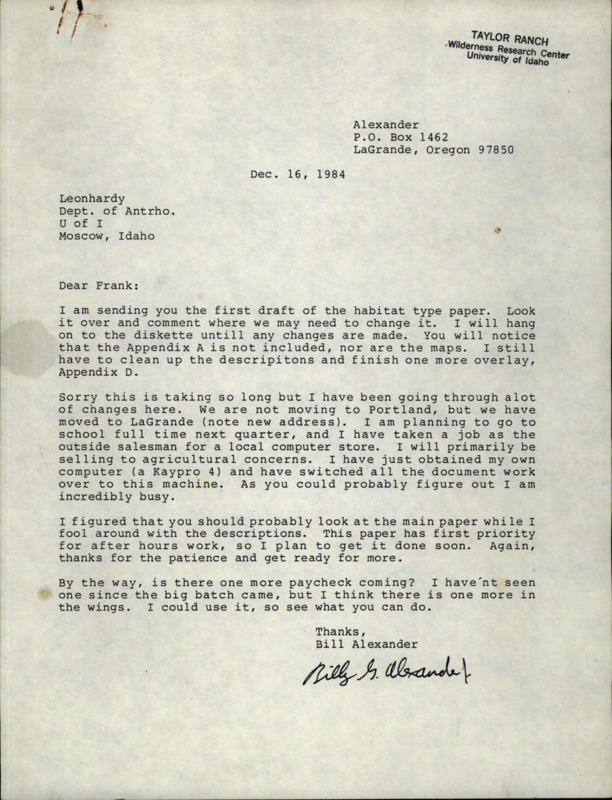 Letter from Bill Alexander to Frank Leonhardy about the first draft of the habitat type paper.