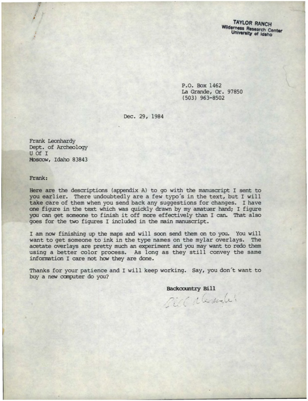 Letter from Bill Alexander to Frank Leonhardy about a manuscript.