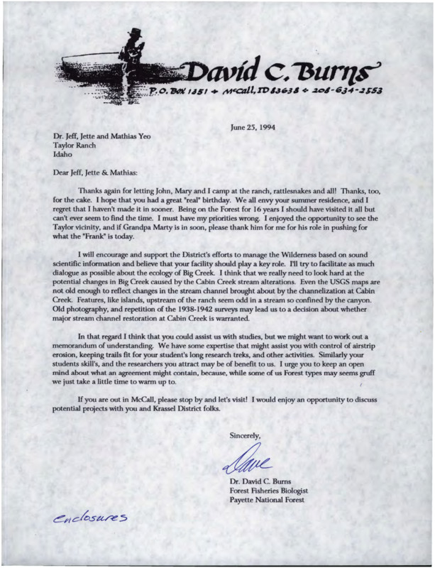 Letter from David C. Burns to Jeff Yeo about stream alteration in Big Creek and Cabin Creek