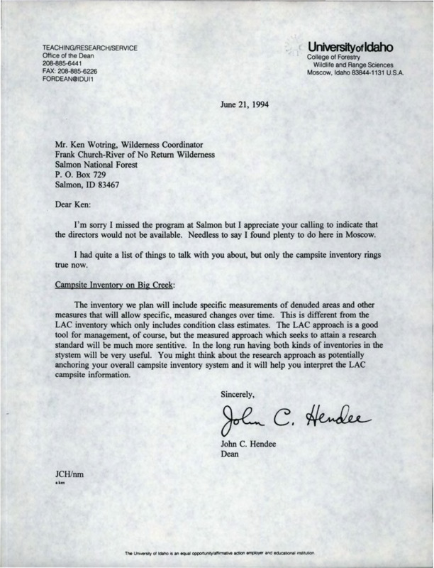 Letter from John C. Hendee to Ken Wotring, Wilderness Coordinator about the campsite inventory on Big Creek.