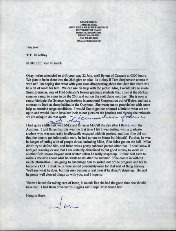 Letter from James M. Peek to Jeff Yeo about visiting the ranch.