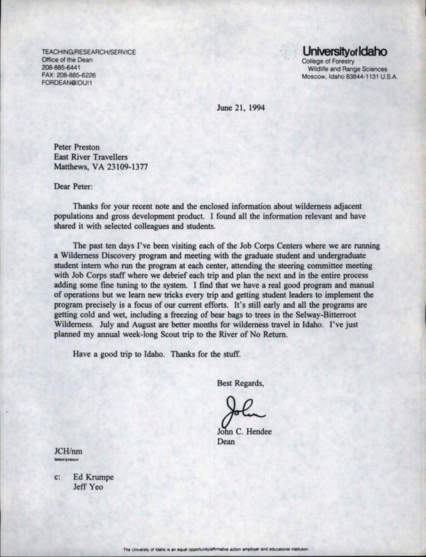 Letter from John C. Hendee to Peter Preston thanking him for the note and information about wilderness adjacent population and gross development product.