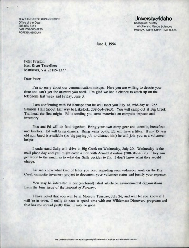 Letter from John C. Hendee to Peter Preston about the Big Creek campsite inventory project.