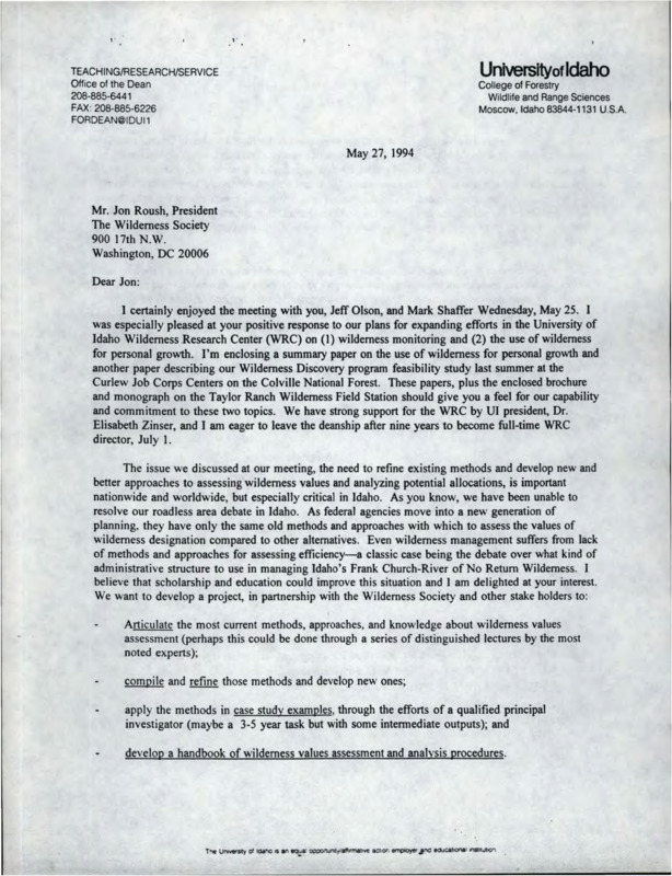 Letter from John C. Hendee to Jon Roush recapping a meeting about wilderness monitoring and the use of wilderness for personal growth.