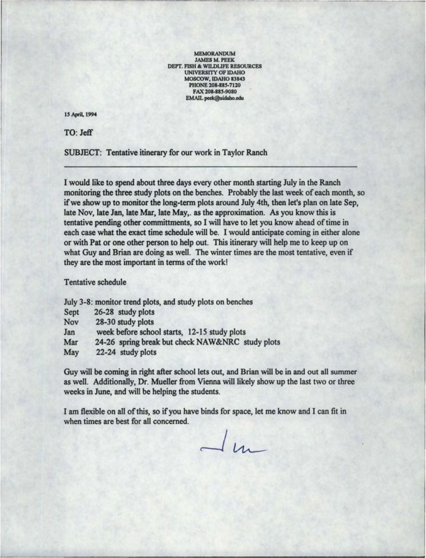 Letter from James M. Peek to Jeff Yeo with tentative schedule on coming into Taylor Ranch.