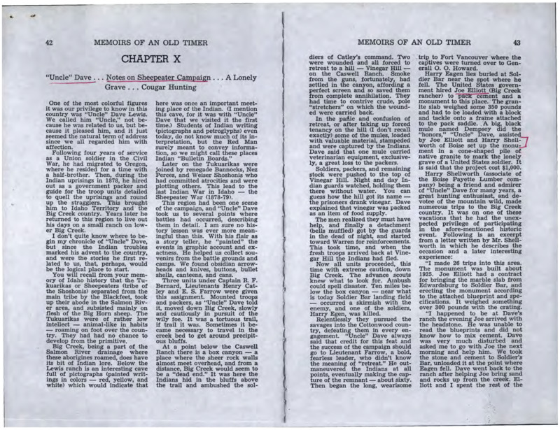 Chapters X and XIV discussing "Uncle Dave" notes on the sheepeater campaign; cougar hunting; mining; from Memoirs of an Old Timer
