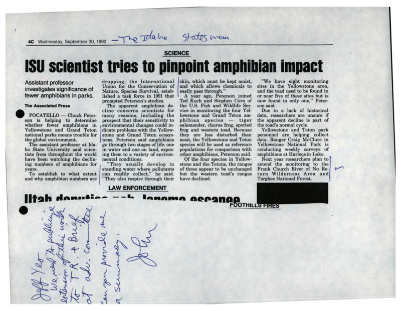 News clipping from the Idaho Statesman regarding study of amphibian decline in Yellowstone and Grand Teton ecosystems that mentions future study in the Frank Church River of No Return Wilderness