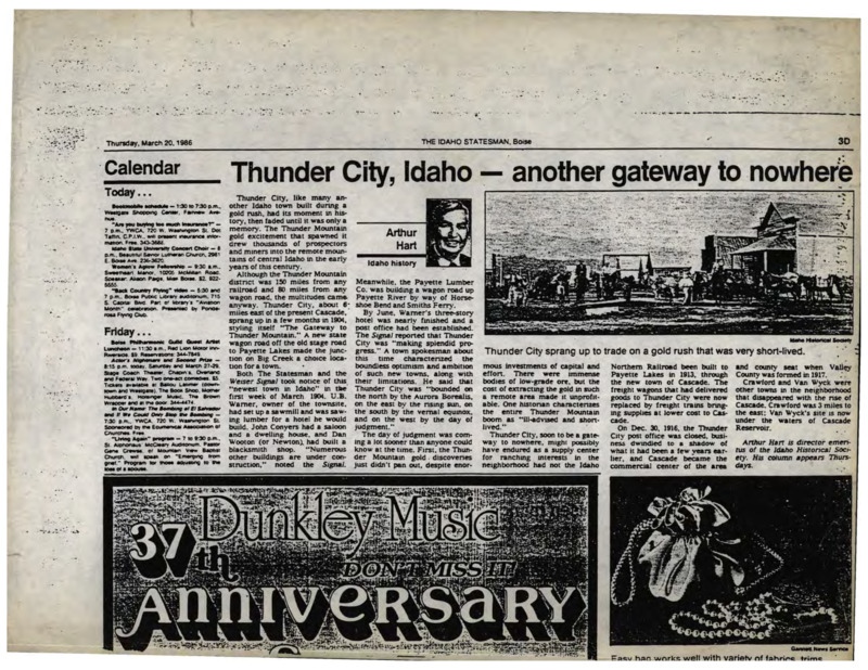 Article in the Idaho Statesman about Thunder Mountain.