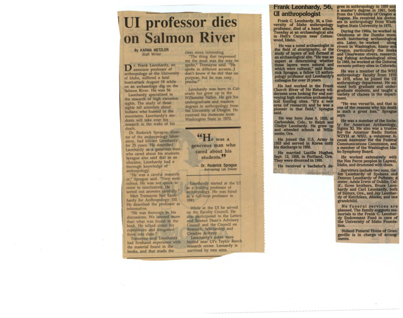 Obituary and Article of Dr. Frank Leonhardy's death on the Salmon River.