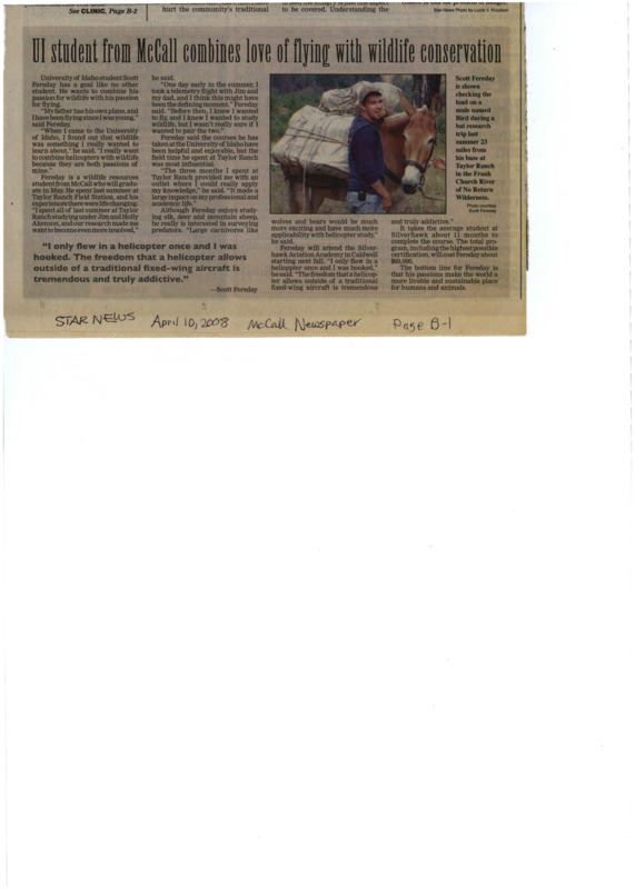 Article in the McCall Newspaper, Star News, about local student who spent a summer at Taylor Ranch and got his pilot's license