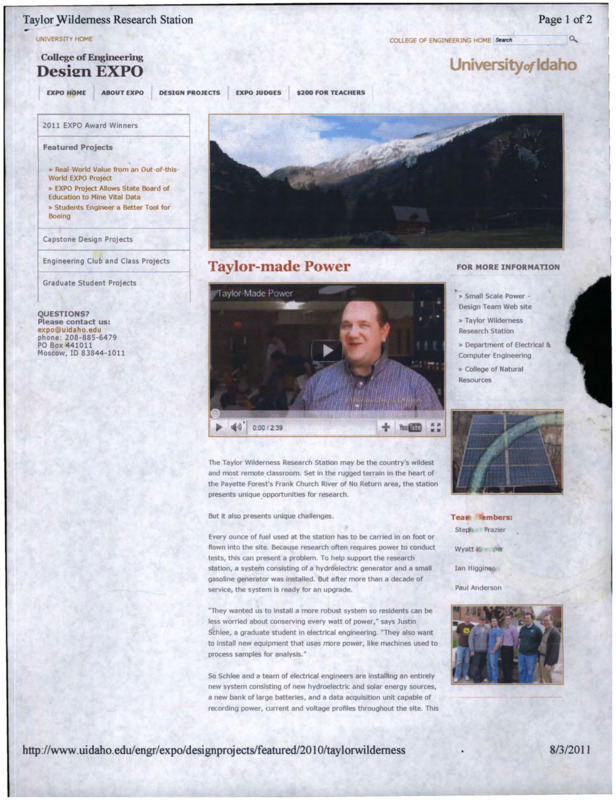 Two articles from the University of Idaho website about Taylor Ranch's power system.