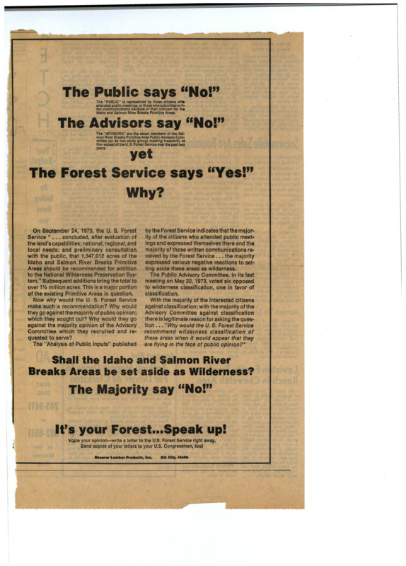 Advertisements and articles about preserving Idaho's wilderness and the debate surrounding wilderness.