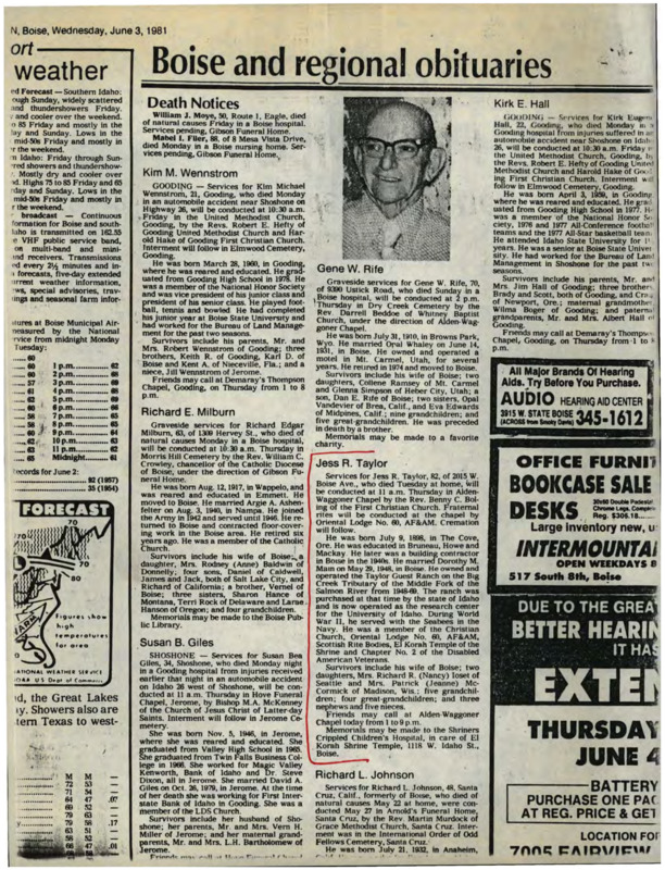 Obituary article about Jess R. Taylor, who owned the Taylor Guest Ranch before it became a part of the University of Idaho.