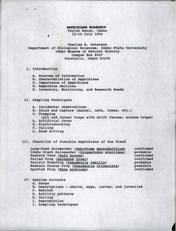 Documents associated with amphibian workshop at Taylor Ranch