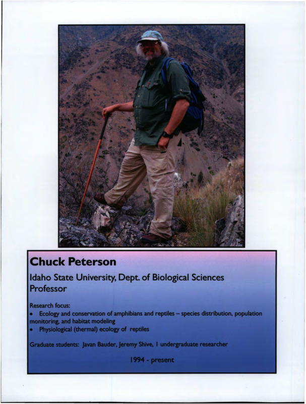 Brief bio of Chuck Peterson, including one image, research focuses, and graduate students