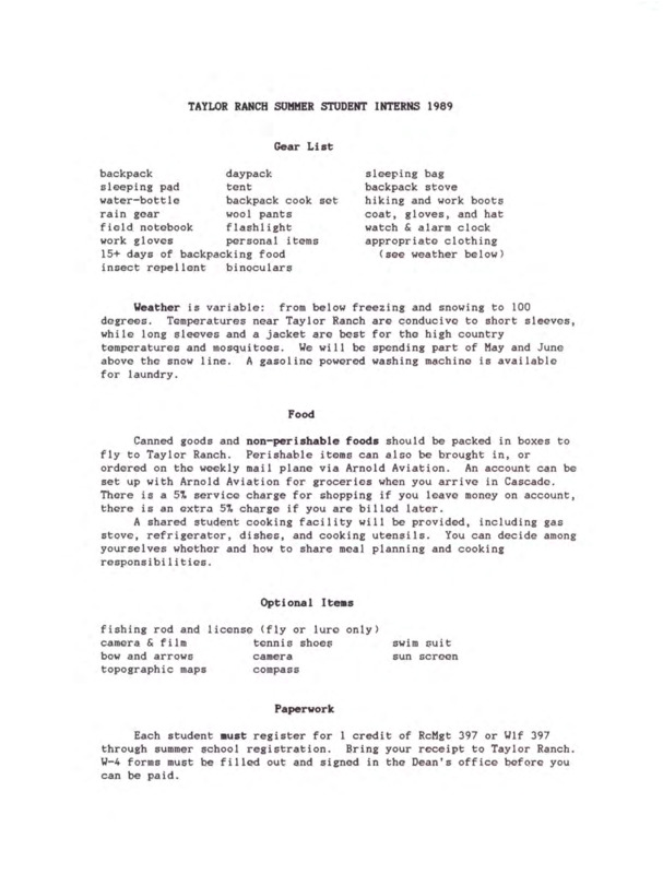 Instructions for summer interns at the Taylor Ranch Wilderness Research Station about gear, food, and other items.