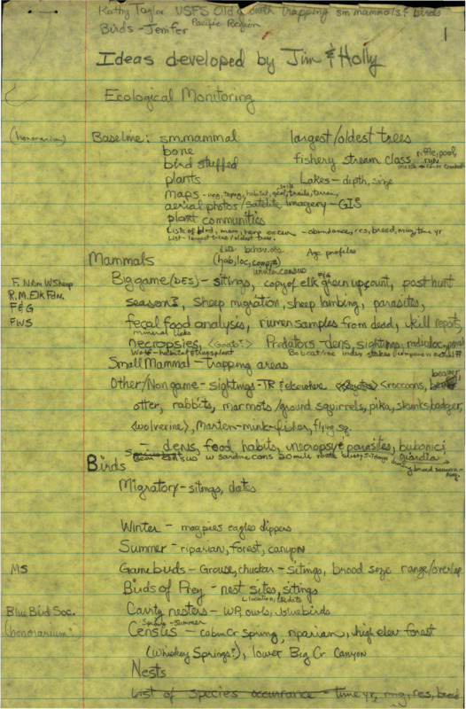 Handwritten list of ideas by Jim and Holly Akenson.