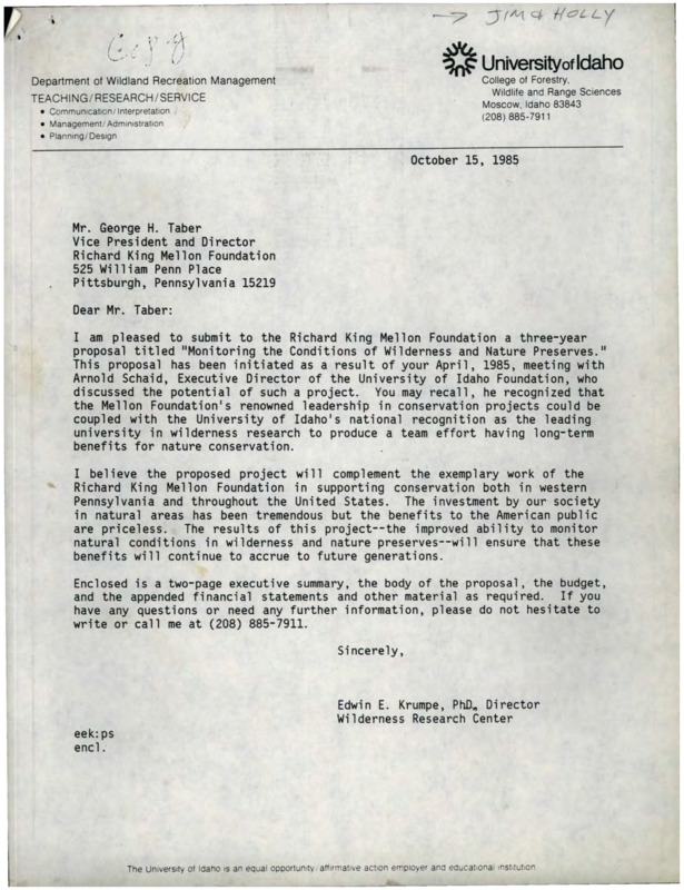 Correspondence from Edwin E. Krumpe to George H. Taber and Krumpe's proposal to the Richard King Mellon Foundation with additional budget and financial documentation.