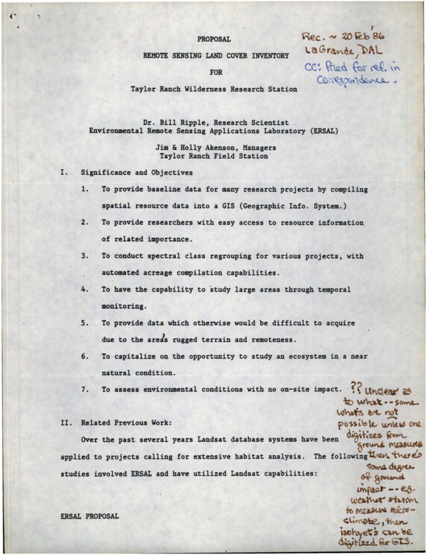 Proposal for remote sensing land cover inventory at Taylor Ranch Wilderness Research Station. Some notes are handwritten on the documents.