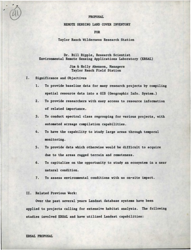 Copy of proposal for remote sensing land cover inventory at Taylor Ranch Wilderness Research Station.