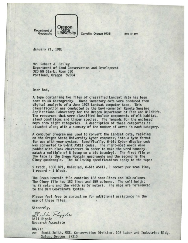 Letter from Bill Ripple to Robert J. Bailey of the Department of Land Conservation and Development.