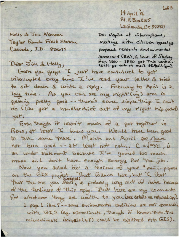 Handwritten letter from Donavin A. Leckenby to Holly and Jim Akenson about the GIST project.