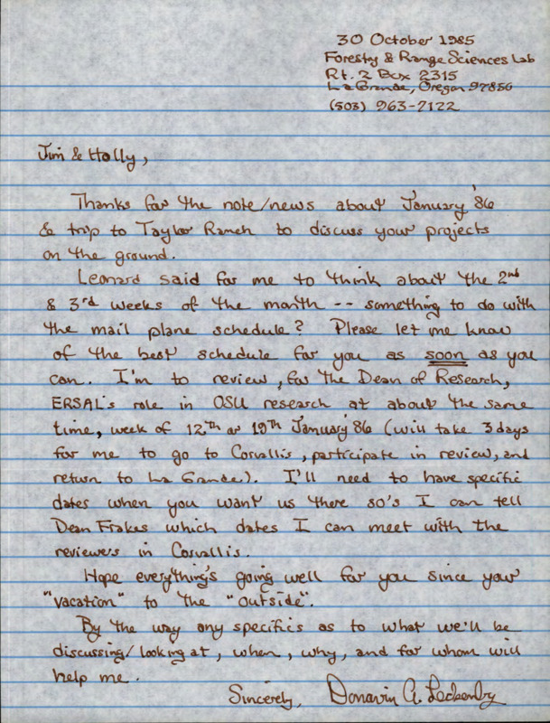 Handwritten letter from Donavin A. Leckenby to Holly and Jim Akenson following up on new projects.