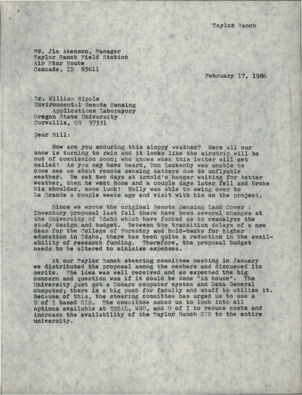 Letter from Jim Akenson to Bill Ripple at the Environmental Remote Sensing Applications Laboratory.