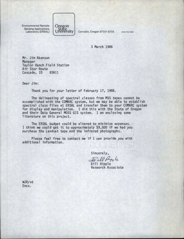 Letter from Bill Ripple from Jim Akenson following up a letter from Jim Akenson on February 17, 1986