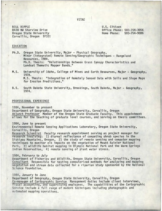 Document of Bill Ripple's Curriculum Vitae.