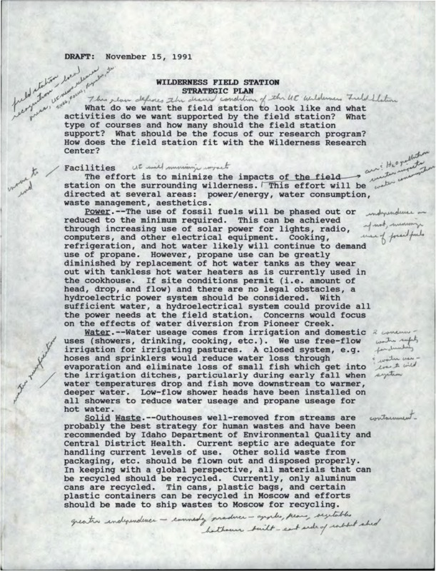 Documents and correspondence related to Taylor Ranch plans and proposals including a draft of a Taylor Ranch Wilderness Field Station strategic plan, a proposal for elk research, and a long-range research plan.