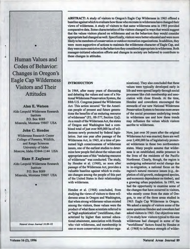 Article about the study of visitors to Oregon's Eagle Cap Wilderness published in Natural Areas Journal.